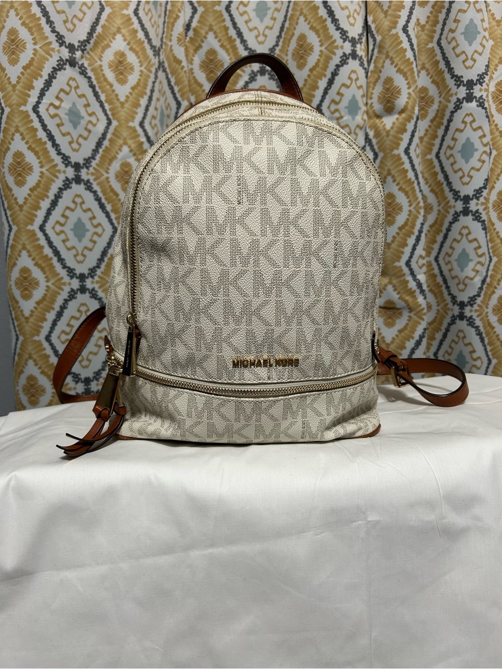 Michael Kors Ivory Logo Backpack with Brown Trim